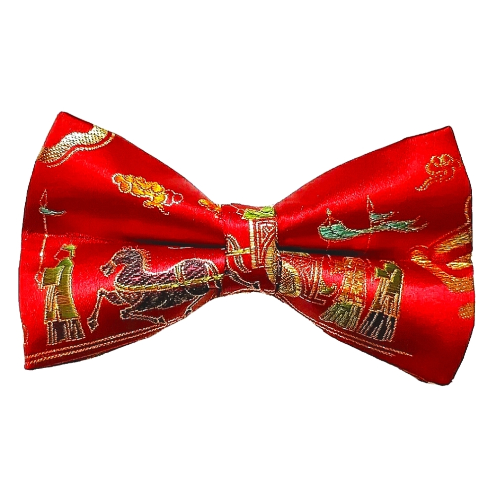 NEW Chinese Silk Brocade Bowtie! Pre-tied. Handmade. 5"  x2.75". Red. Unisex